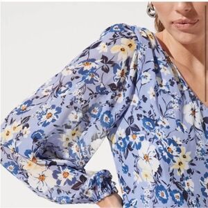 ASTR The Label Blue Floral One Shoulder Long Sleeve Ruffled Dress